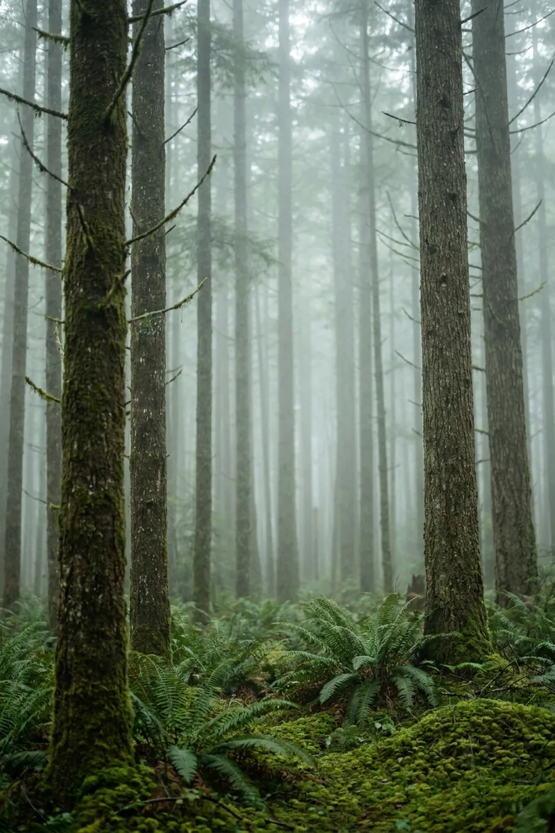Fog moving through a stand of conifers, the nearest trunks sharp and the further ones fading, sword ferns and moss below