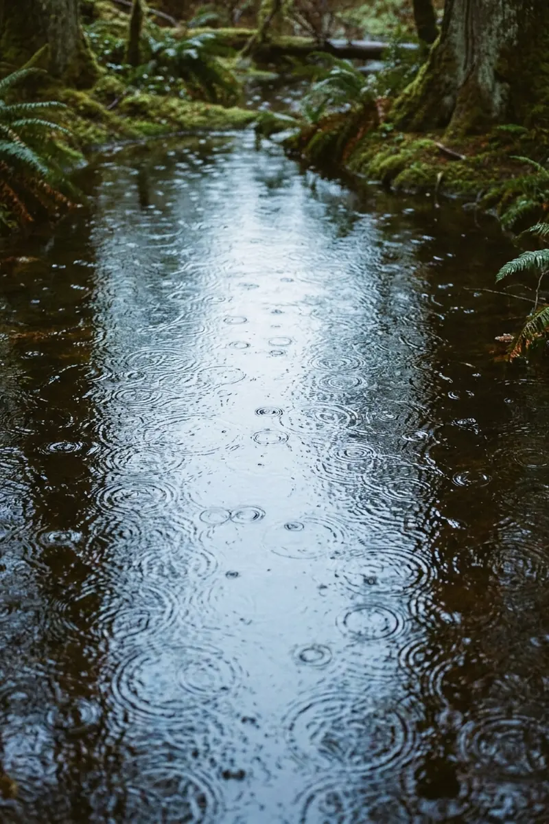 Rain dimpling the surface of a narrow creek between mossy banks