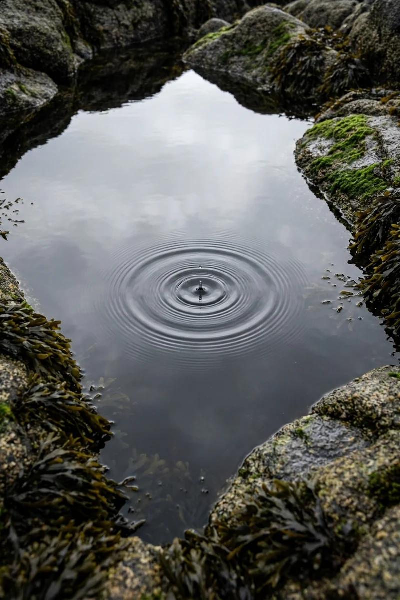 Rings spreading outward across a still tidal pool edged with seaweed and wet granite