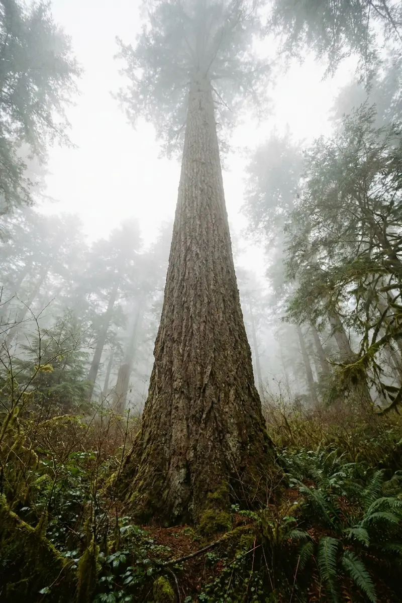 Looking up the trunk of a very tall fir into low cloud, ferns at its base
