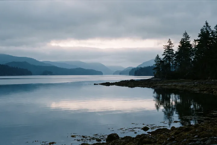 A calm inlet under low grey cloud, dark firs on a rocky point and layered hills across still water.