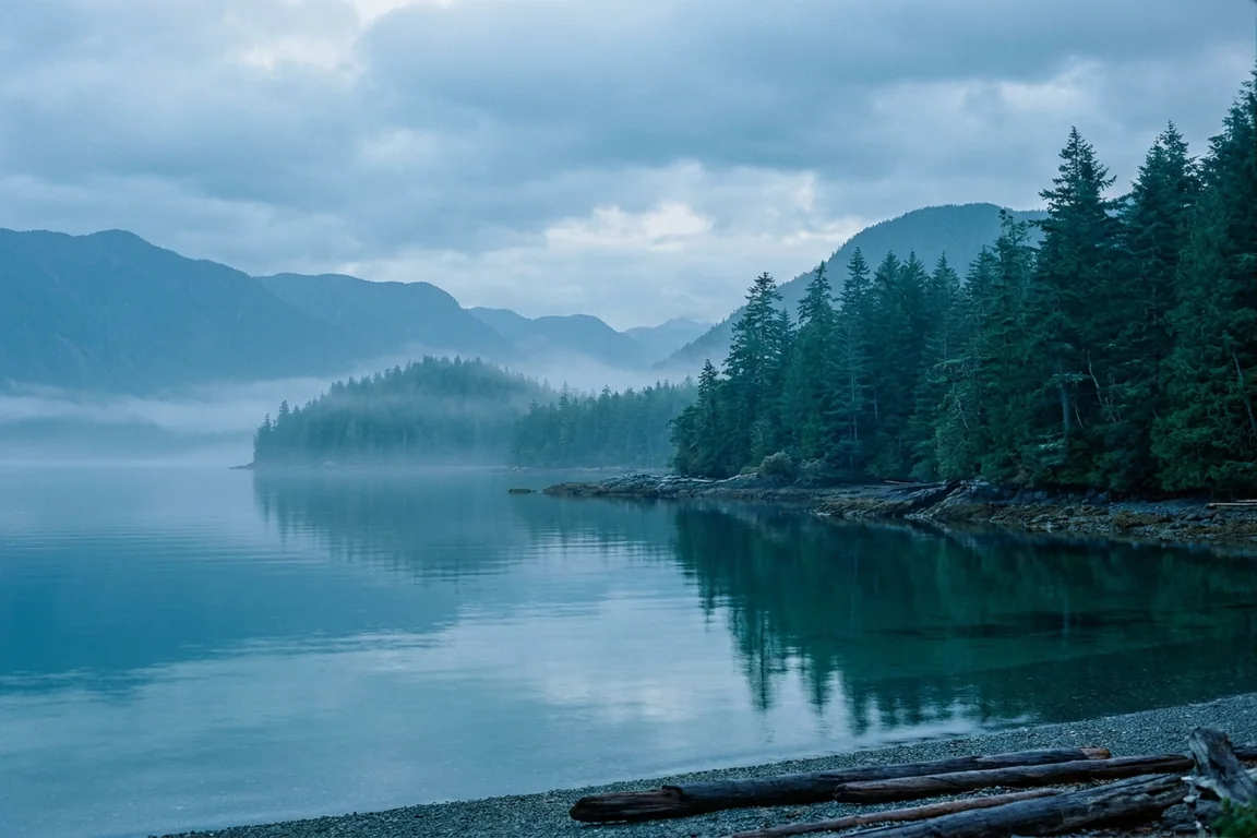 A sheltered Vancouver Island cove in cool blue-green light, still water below layered coastal mountains.