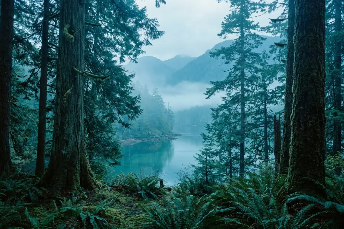 Cool blue-green light and morning mist through tall old-growth cedars in a Vancouver Island forest.