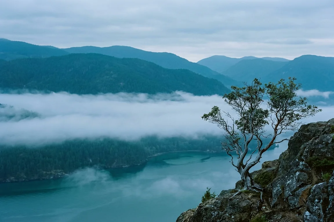 A lone arbutus tree on a Vancouver Island bluff above a sea of low cloud, layered blue ranges beyond.