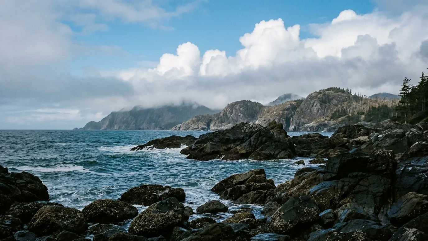 A serene Vancouver Island bay in cool blue light, still blue-green water and layered headlands fading into mist.