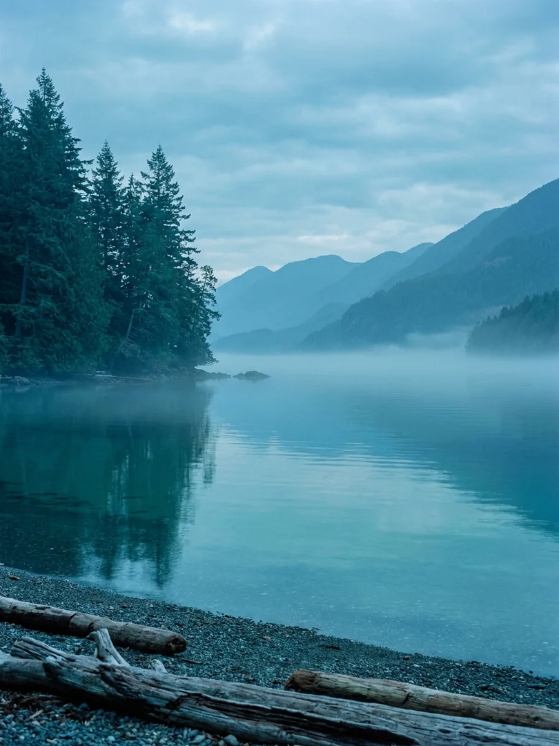 A quiet Vancouver Island cove in cool blue light, mist over glassy water with tall firs framing the shore.