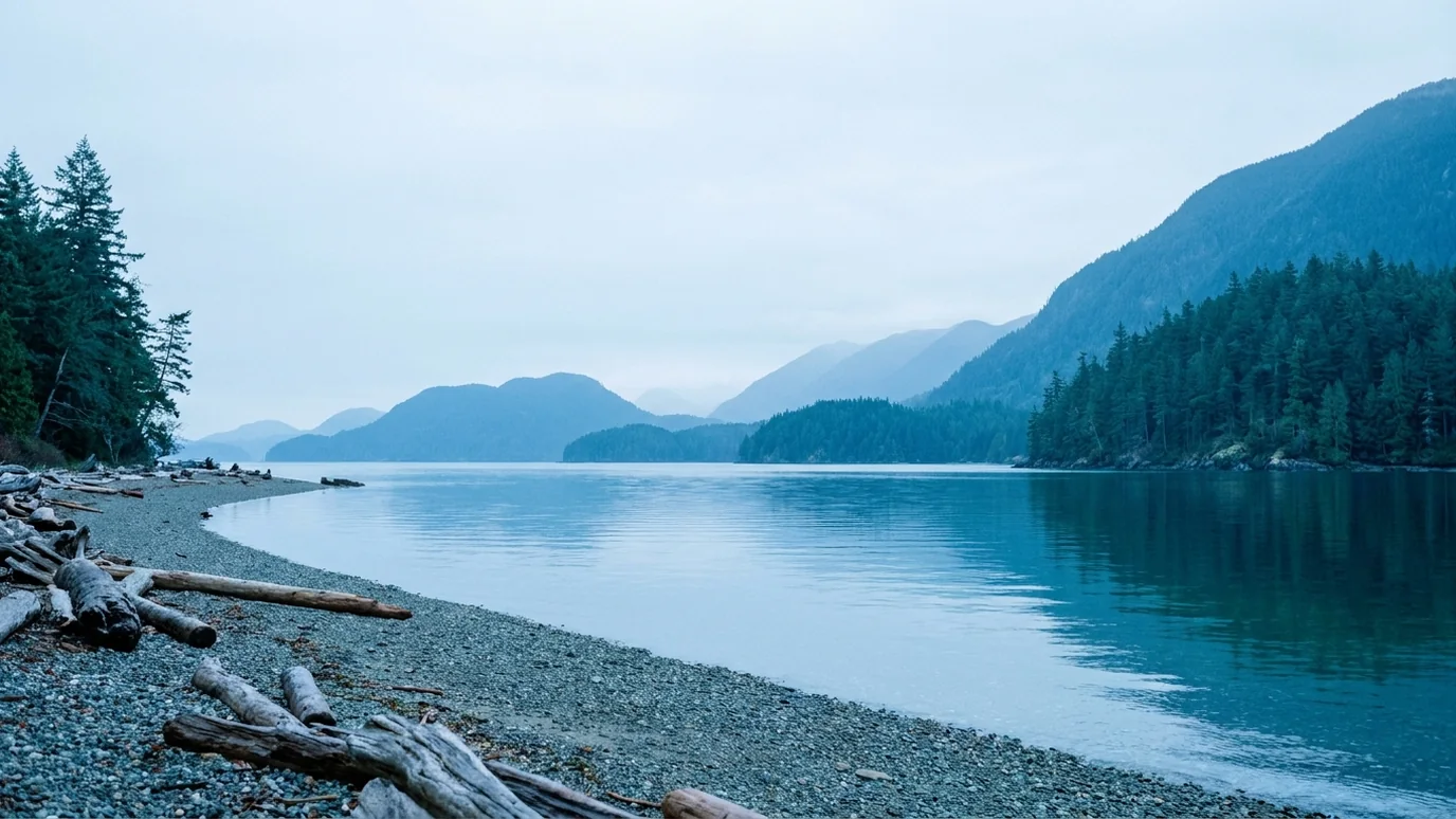 A calm Vancouver Island shore in cool blue light, driftwood on the pebble beach and layered blue headlands across still water.
