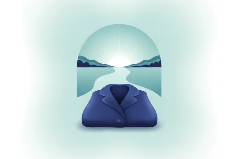 Soft illustration of a folded coat and a path toward a calm sunrise