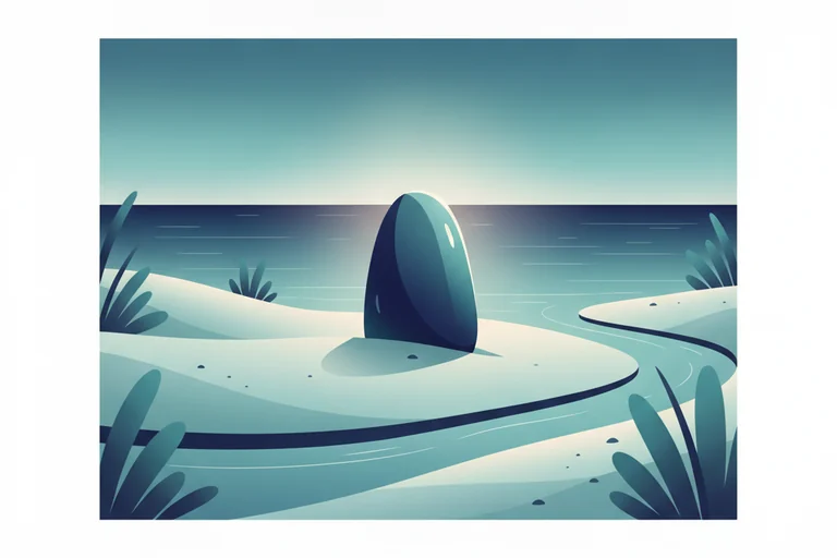 Soft illustration of a single stone marker on a calm shoreline