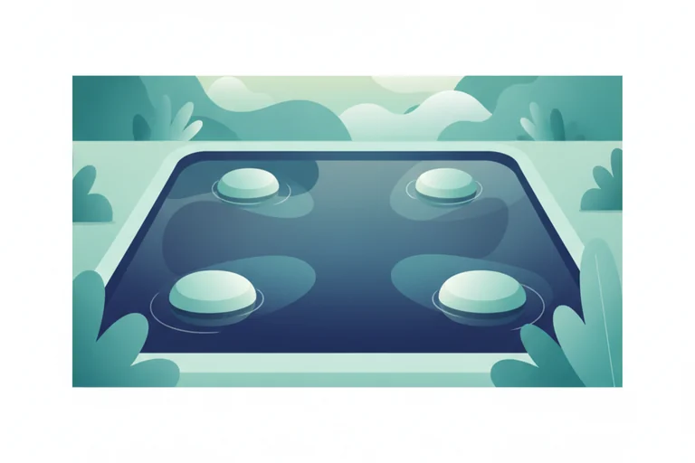 Soft illustration of a calm square reflecting pool with four corner stones