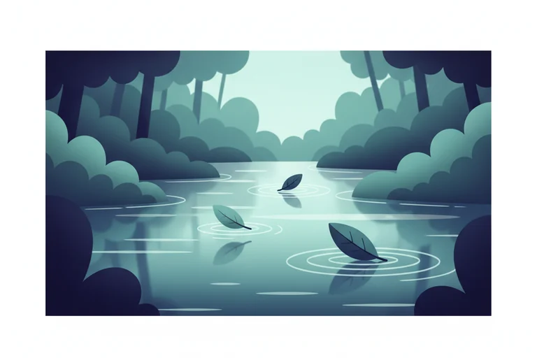 Soft illustration of leaves drifting on a calm forest stream