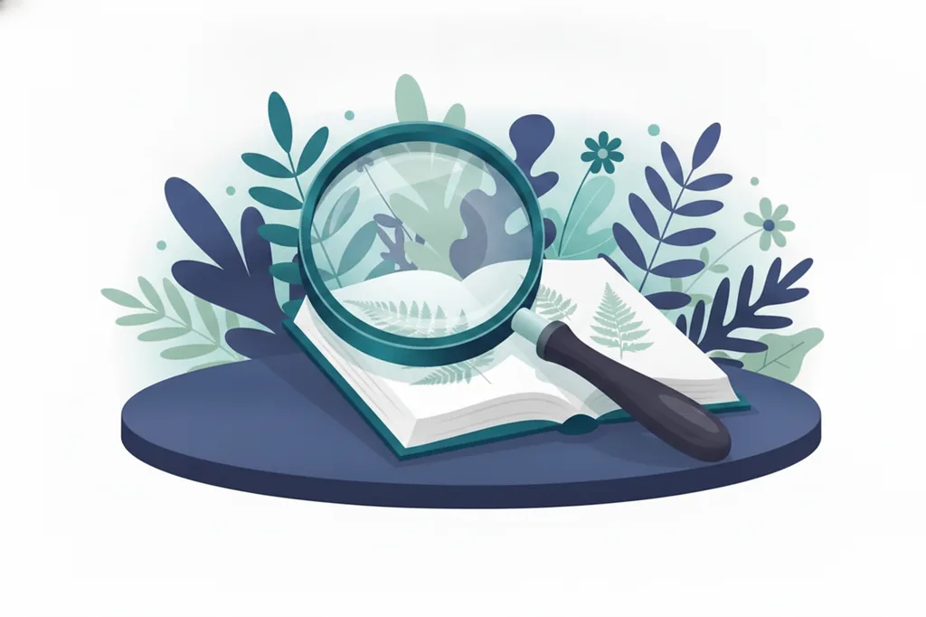 Soft illustration of a magnifying lens over an open field guide of ferns