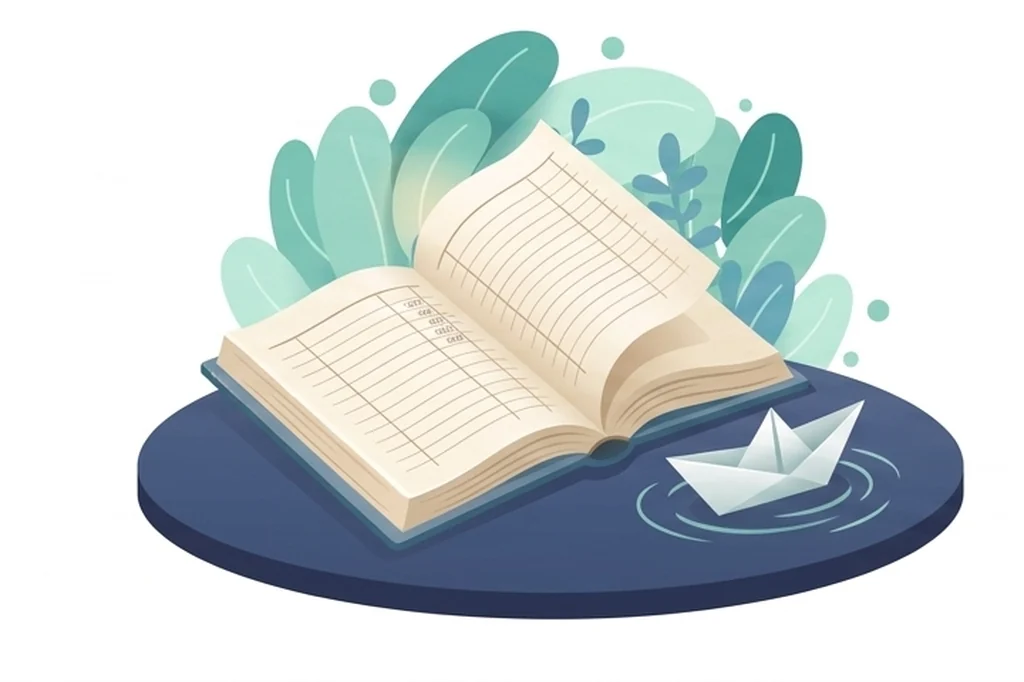 Spot illustration of an open ruled ledger on a navy disc, a small paper boat drifting beside it in soft ripples