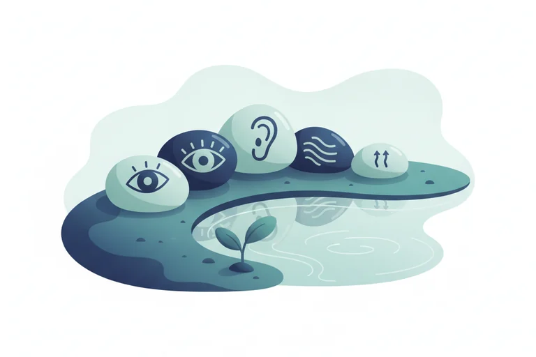 Soft illustration of five river pebbles in a gentle arc