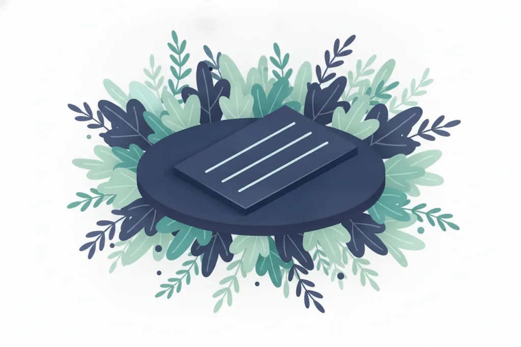 Soft illustration of a small navy card set down on a low shelf, with mint and teal leaves behind it