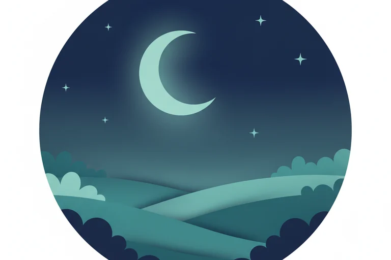 Soft illustration of a crescent moon and stars over low hills
