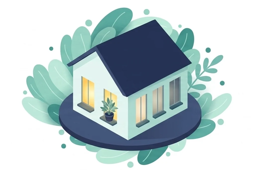 Spot illustration of a small house on a navy disc, five windows lit to different degrees, a potted plant on one sill
