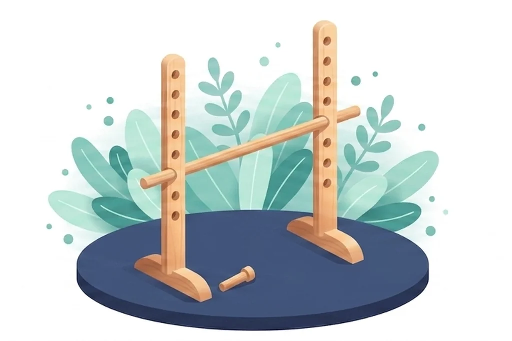 Spot illustration of a level crossbar resting between two peg-holed wooden uprights on a navy disc, a loose peg lying beside one post