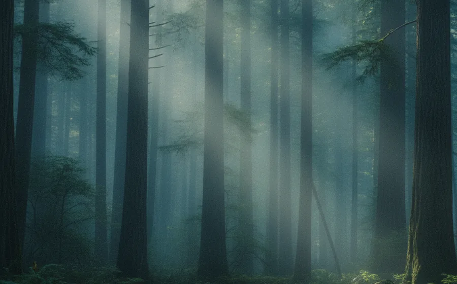 Soft light through a misty Vancouver Island forest