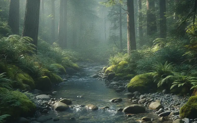 A quiet mossy forest creek on Vancouver Island