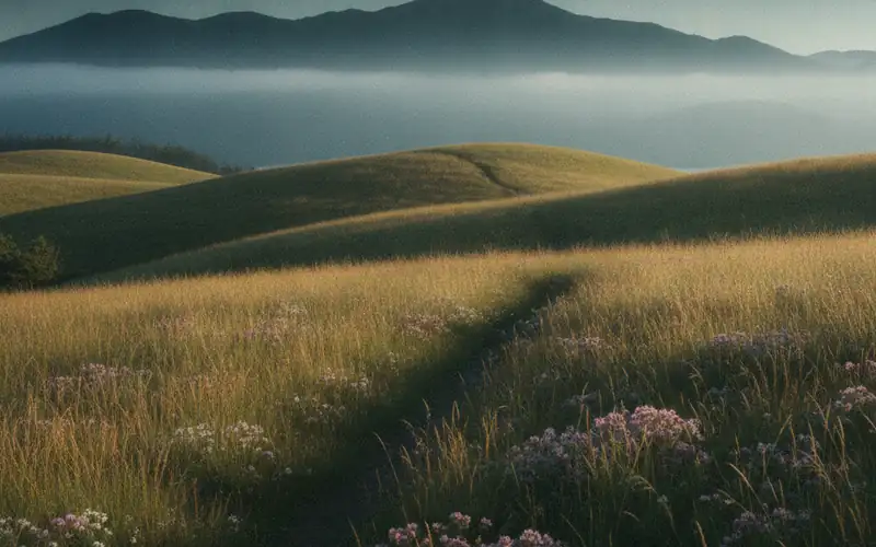 A meadow path toward misty hills on Vancouver Island