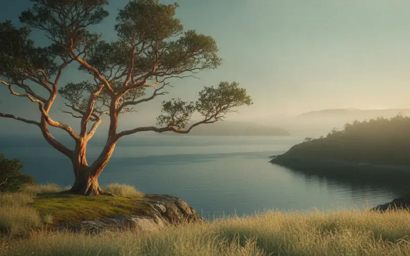 Arbutus tree above a calm bay on Vancouver Island
