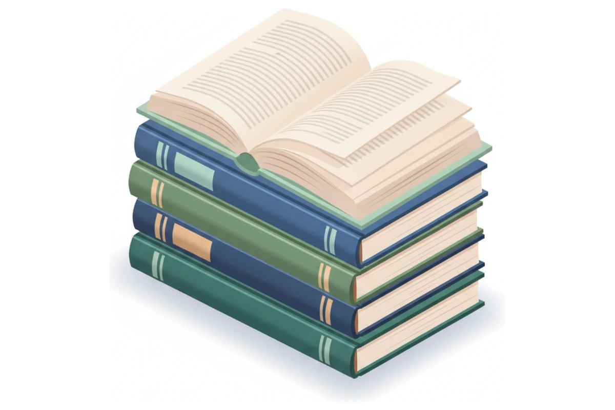 A stack of four hardcover books with a fifth lying open on top.