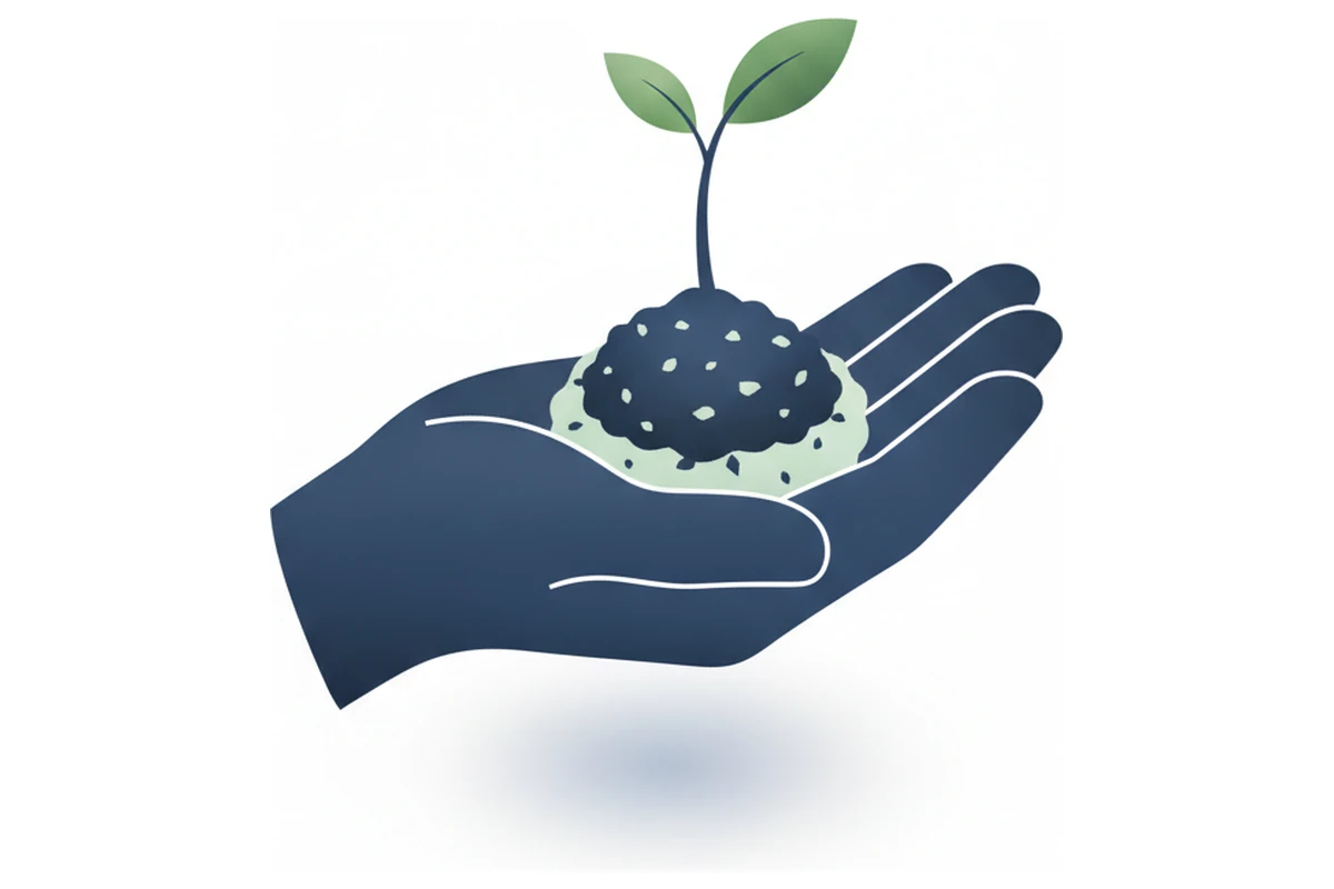 An open hand holding a seedling growing from a ball of soil.