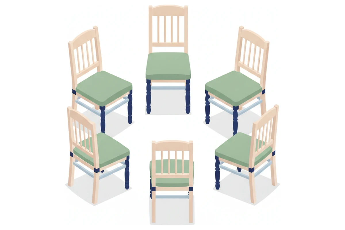 Six plain chairs arranged in an open circle.