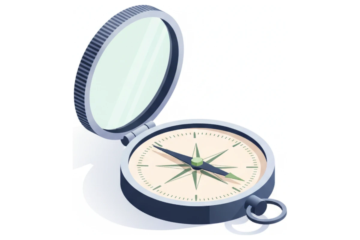 An open pocket compass lying flat, its needle settled.