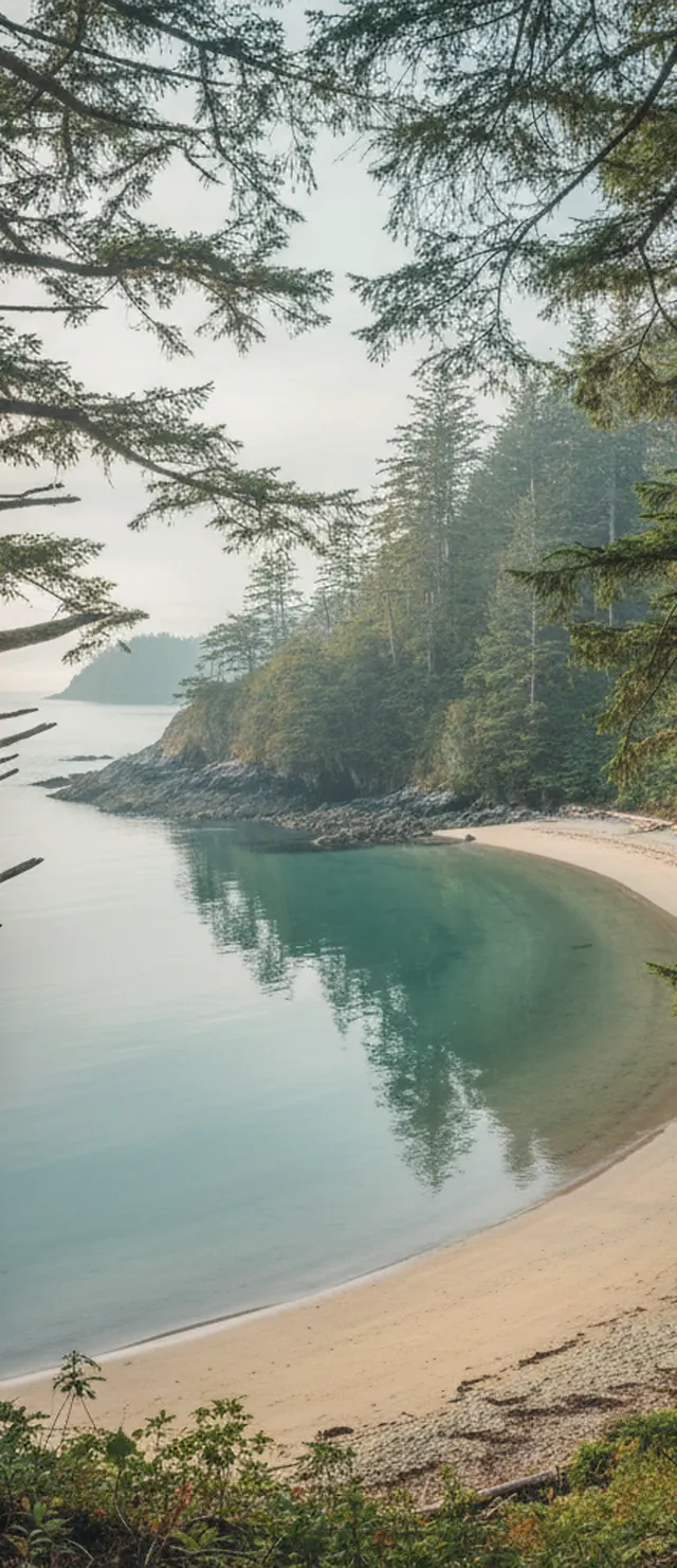 A sheltered Vancouver Island cove framed by cedar in quiet light.