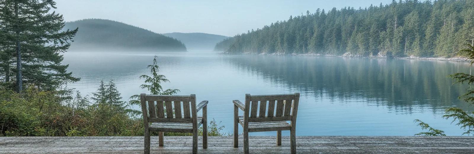 Two empty wooden chairs on a deck looking out over a misty inlet
