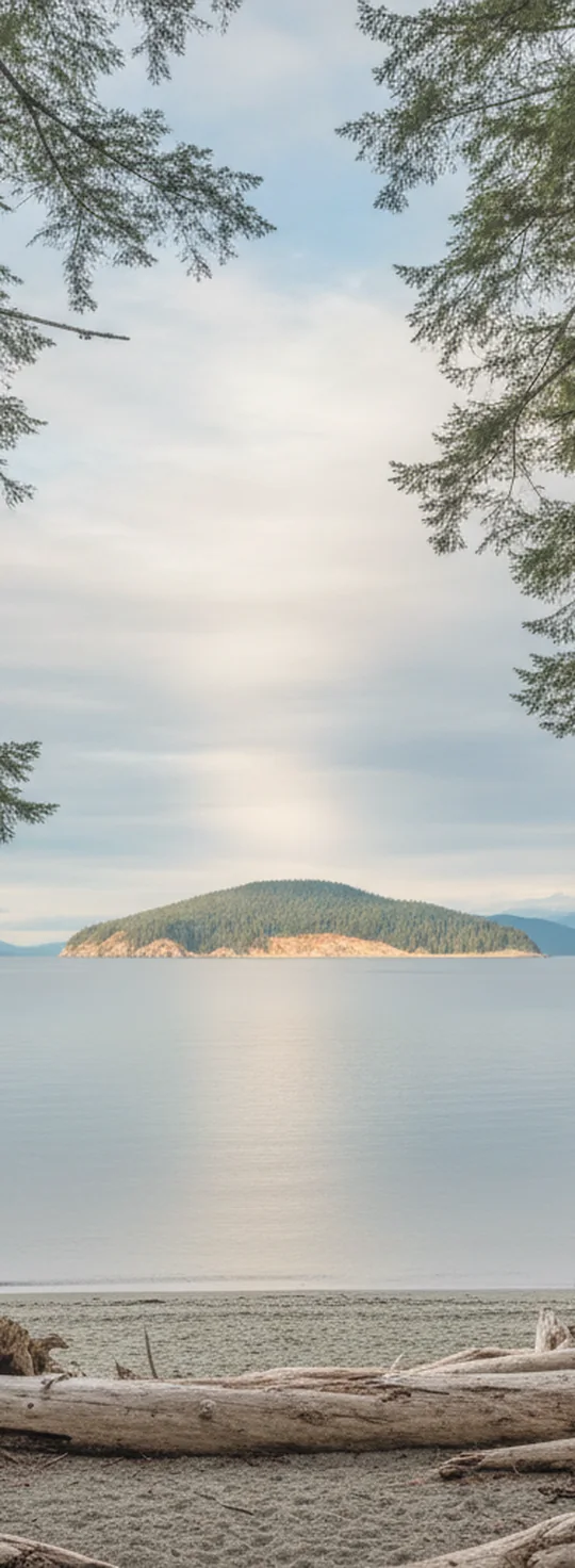 A Vancouver Island cove opening to open water at soft light.