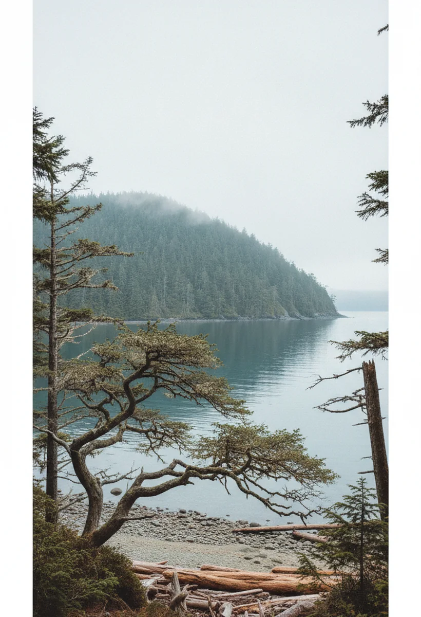 A quiet Vancouver Island cove framed by cedar at soft morning light.