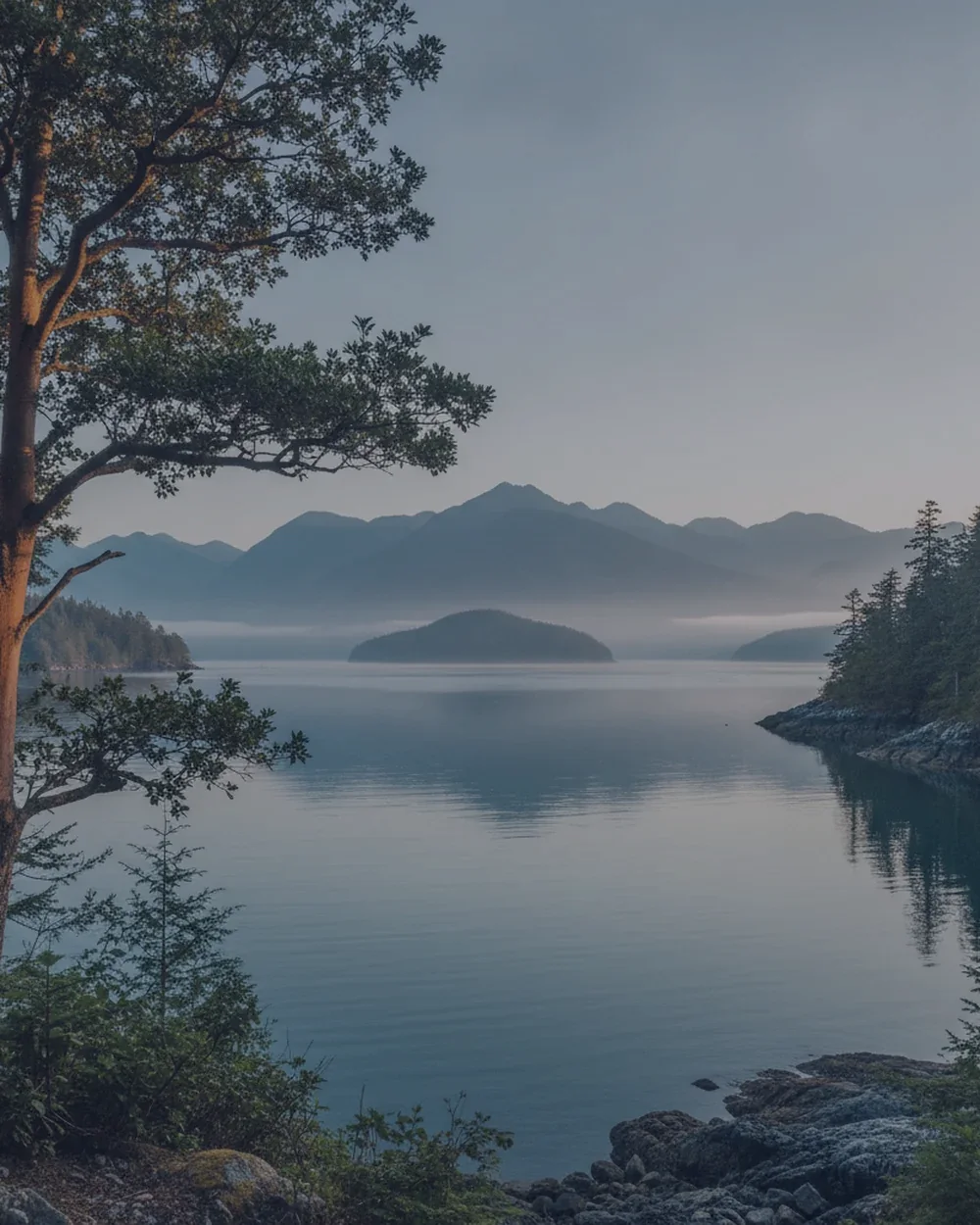 A calm Vancouver Island coastal inlet, arbutus tree and misty mountains at soft morning light.