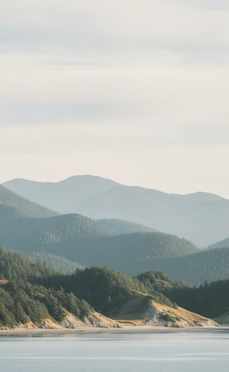 Layered Vancouver Island coastal headlands over still water.