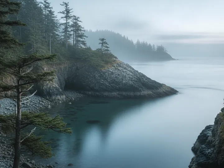 A sheltered cove held inside a rocky headland, open water beyond.