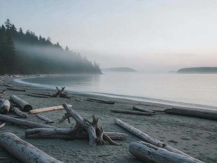 Driftwood resting on a quiet shoreline at first light.