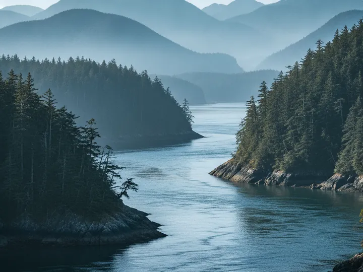 A tidal channel winding between forested headlands toward layered ridges.