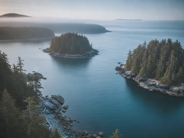 Two channels of water flowing around a forested island and joining into one.