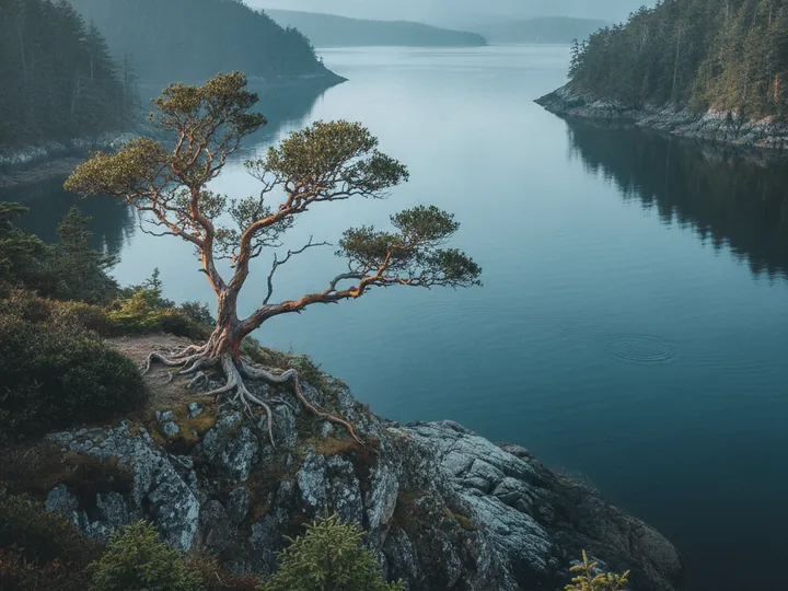 An arbutus tree rooted on a rocky coastal bluff above a calm blue inlet.