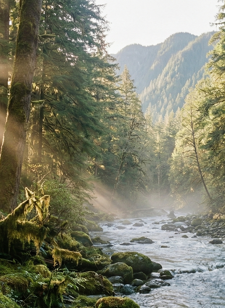 Golden misty river flowing through forested mountain valley