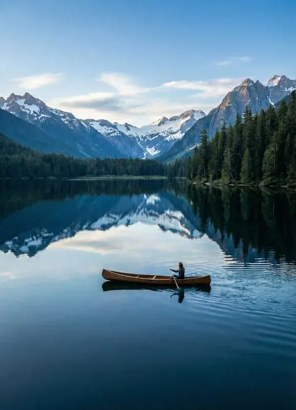 Person paddling canoe on glassy mountain lake for anxiety therapy