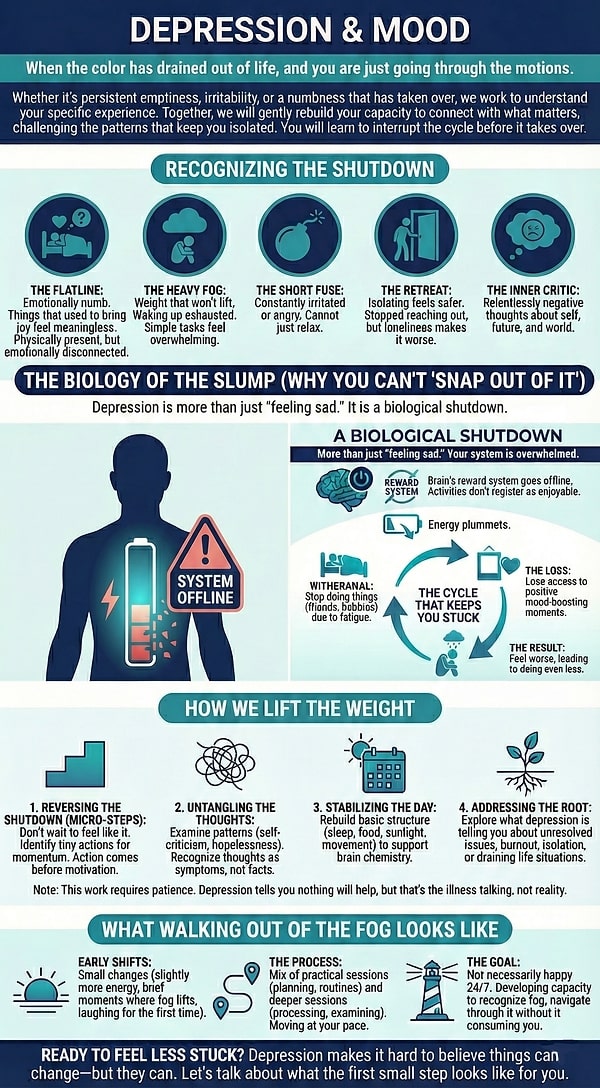 Depression and mood therapy comprehensive infographic by Introspectus Counselling
