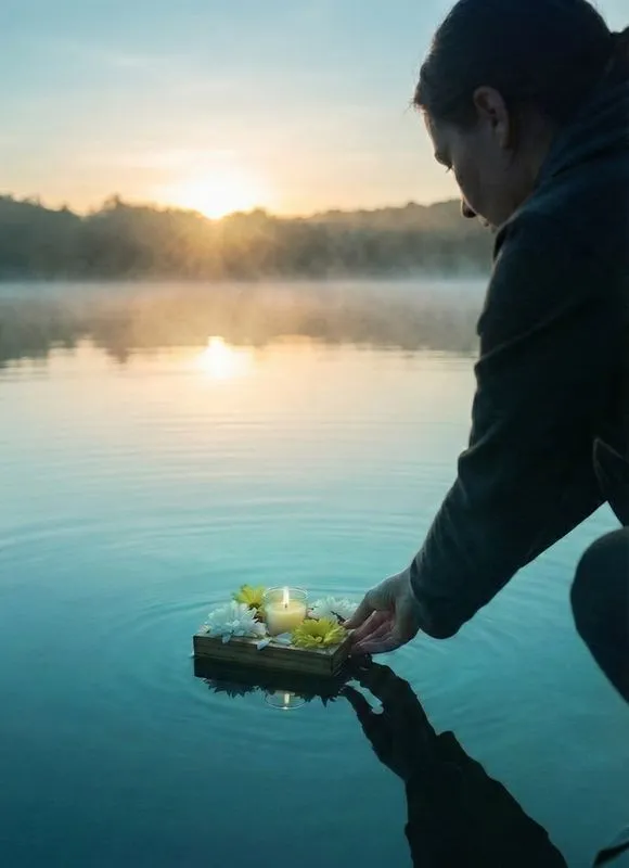 Person releasing flower-laden raft onto misty lake at sunrise for grief therapy