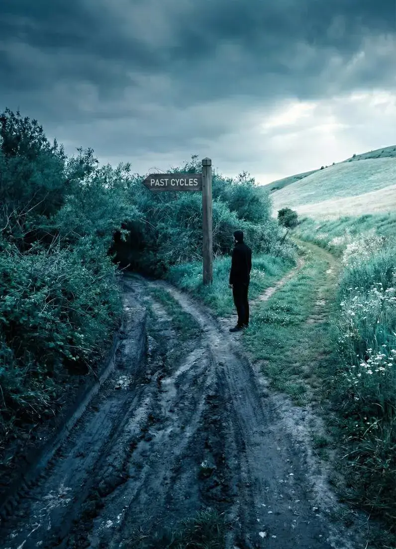 Person at fork in path with past cycles sign for relationship therapy