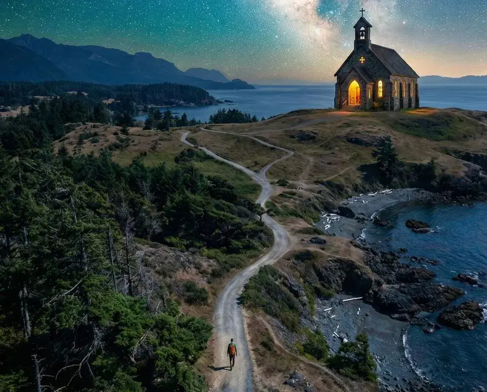Coastal cliff path to warmly lit stone church under the Milky Way