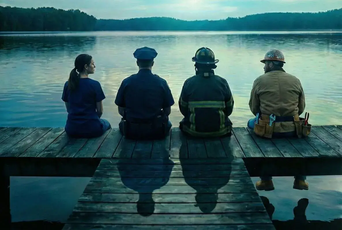 First responders sitting together on dock at dusk for stress therapy