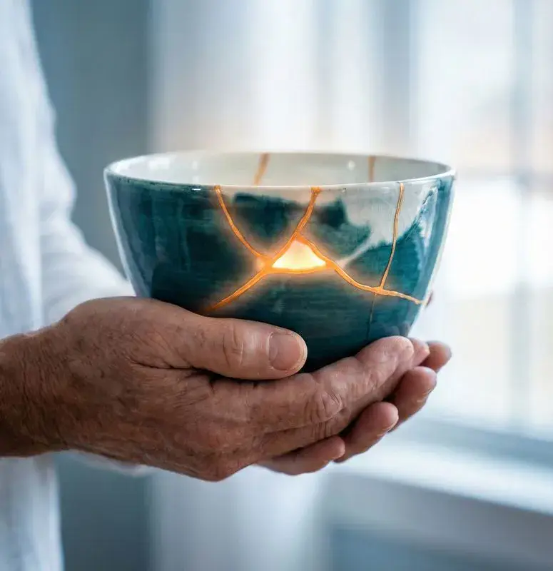 Elderly hands holding golden kintsugi-repaired bowl for trauma therapy