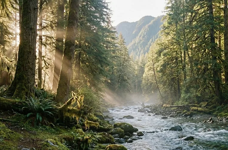 Sunlit mossy Pacific Northwest forest stream representing the ACT therapy journey